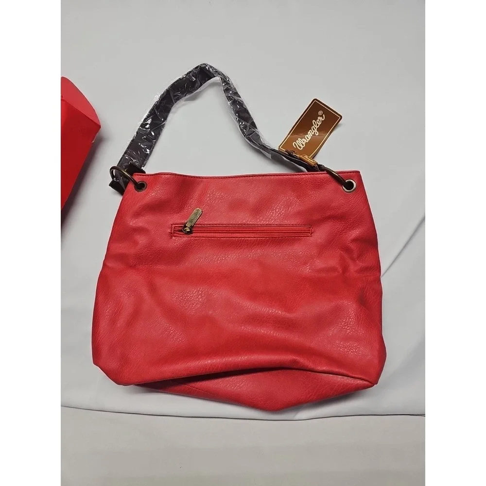 Wrangler‎ Vegan Leather Hobo Bag Women's Top Handle Shoulder Purse Red Brown NWT